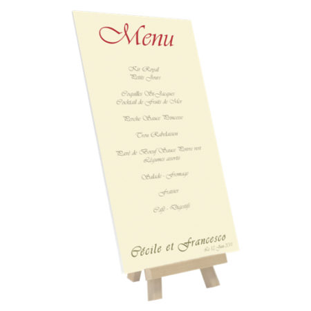 Menu mariage beige sur petit panneau imprimé avec chevalet de table