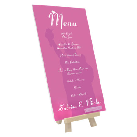 Menu mariage rose New York sur petit panneau imprimé avec chevalet de table