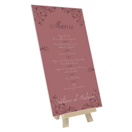 Menu mariage rouge bordeau sur petit panneau imprimé avec chevalet de table