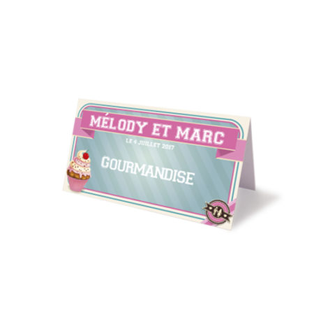 Nom de table mariage gourmandise sur carton imprimé