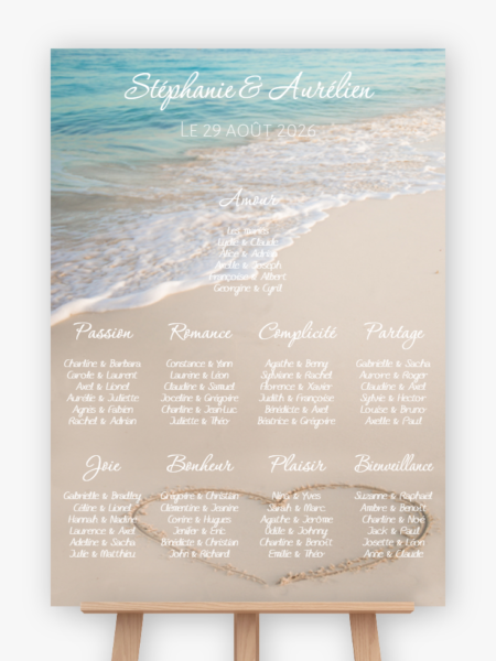 Plan de table mariage - Coeur sur le sable