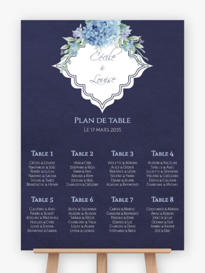 Plan de table mariage - Hortensias bleus