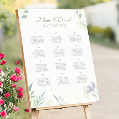 Plan de table mariage fleurs et aquarelle imprimé sur panneau